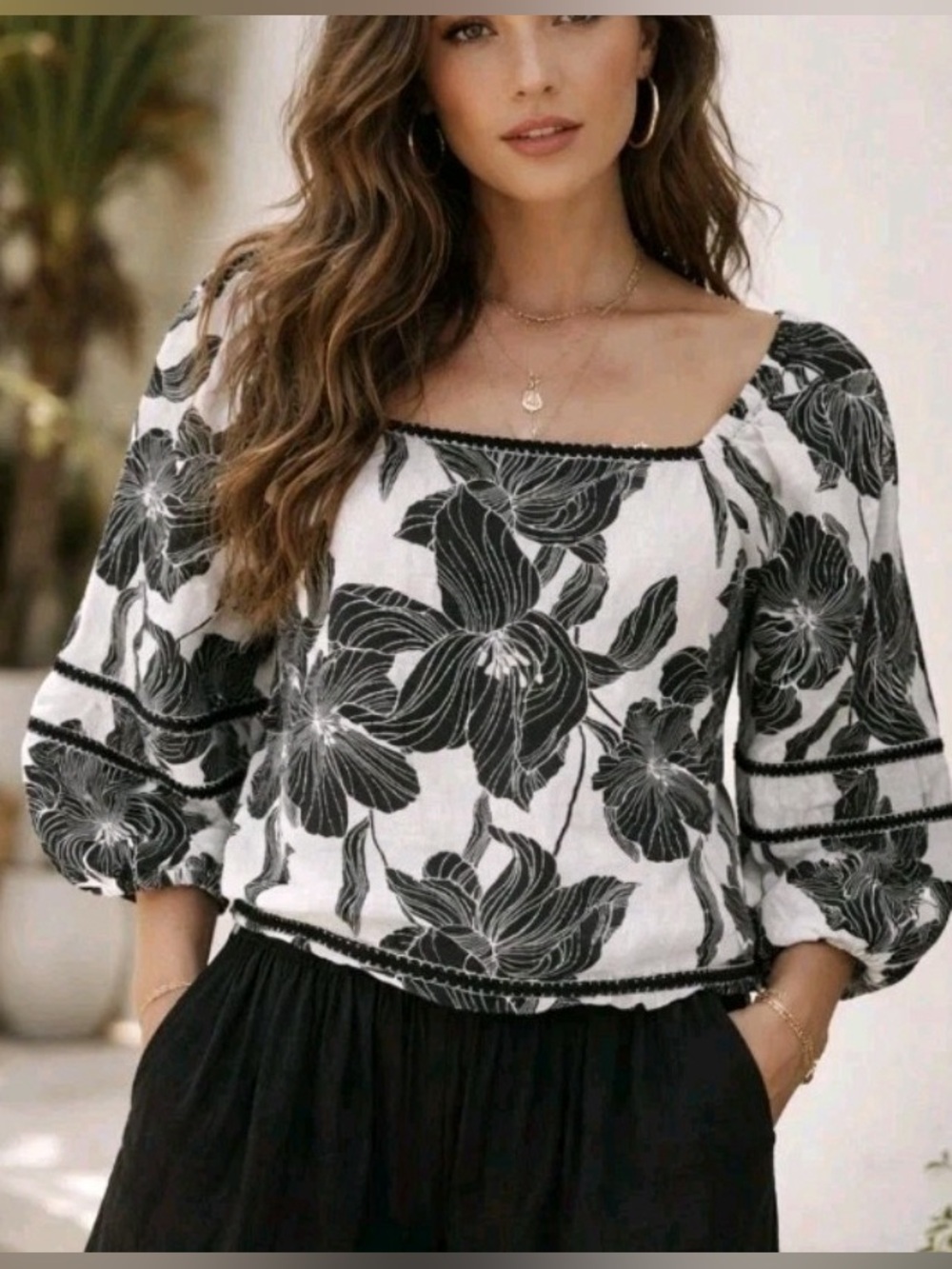 Tahari Black and White Tropical Floral Linen Blouse Size Large